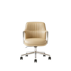 Elegant tan leather office chair with chrome accents and casters isolated on transparent background