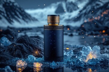 The bottle is surrounded by ice and snow, giving the impression of a cold