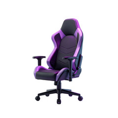 Modern ergonomic gaming chair with purple accents and adjustable armrests isolated on transparent background
