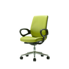 Modern lime green office chair with black armrests and chrome base isolated on transparent background