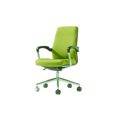 Modern lime green office chair with chrome base and black armrests isolated on transparent background