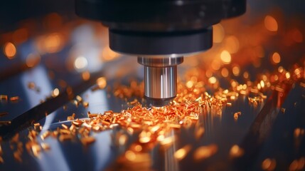 Close up image of a drill press working on drilling through a steel surface with the focus on the metallic debris produced. High definition photography reveals minute metal particles
