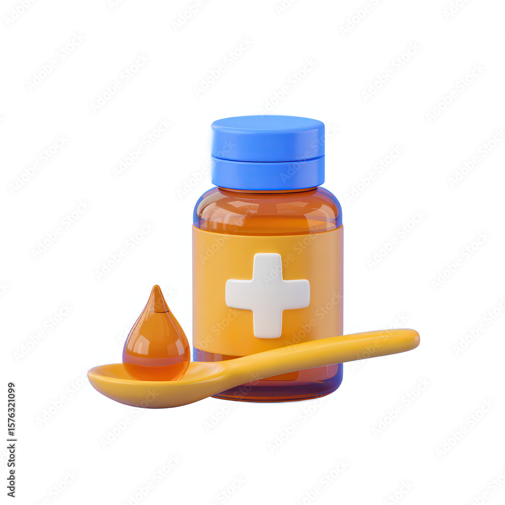 Poster stylized 3d rendering of a medicine bottle with a white cross and a drop of amber liquid on a spoon 