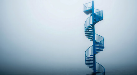 Blue Spiral Staircase Rising Into Foggy Sky