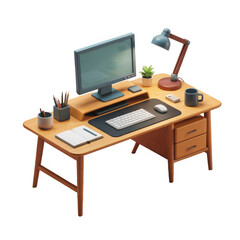A charming 3d rendered illustration of a wooden desk with a computer setup and office supplies isolated on transparent background