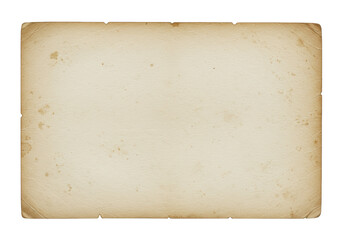 Aged, vintage blank paper sheet with visible tactile texture, discolored tones, organic stains, and worn, frayed edges, isolated on a transparent background with ample copy space, top-down view,
