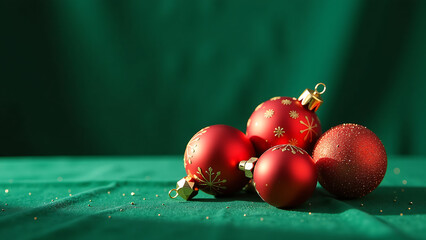 cluster intricately designed red gold christmas ornaments sit atop lush emerald green velvet background soft warm