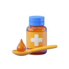 Stylized 3d rendering of a medicine bottle with a white cross and a drop of amber liquid on a spoon isolated on transparent background