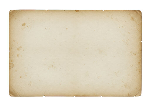 Aged, vintage blank paper sheet with visible tactile texture, discolored tones, organic stains, and worn, frayed edges, isolated on a transparent background with ample copy space, top-down view,