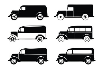 Fototapeta premium Vintage Delivery Vehicles: A collection of classic delivery vehicles, rendered in monochrome silhouette, standing as nostalgic icons of bygone eras, evoking the charm of a simpler time.