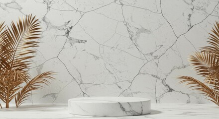Product Display Stage with Marble Texture and Golden Plant Decorations