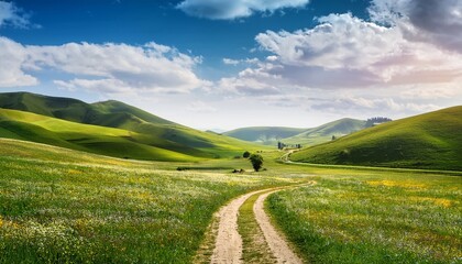 Obraz premium spring meadow road leading to green flowering hills rustic andscape with beautiful green grassland nature landscape for concept and design