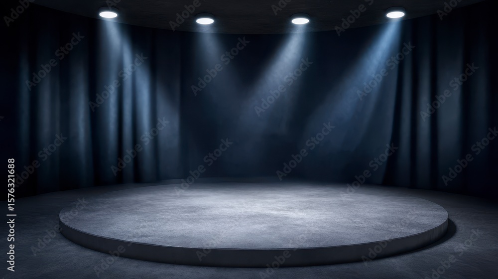 Poster empty dimly lit stage with curtains and spotlights creating a moody atmosphere. ideal for theater pe