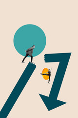 Zine 3d image vertical photo collage of inexperienced businessman businesswoman stand arrow decline...