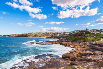Tamarama coastal view with walking trail along the shoreline in Sydney, Australia
