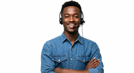 Friendly smiling call center agent wearing headphones with microphone crossing arms confident professional customer service representative cheerful positive support assistant