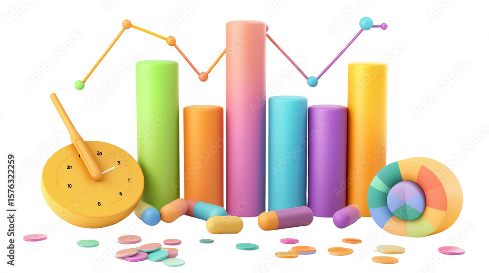 Poster colorful 3d graphical representation of data analysis and statistics for business insights and prese