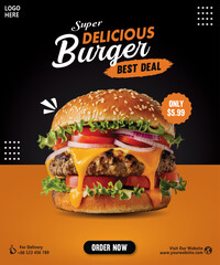Super Delicious Burger Offer Flyer Template. Food Promotion Poster with Price Tag for Fast Food Marketing. Cheeseburger with vibrant ingredients on a black and orange background.