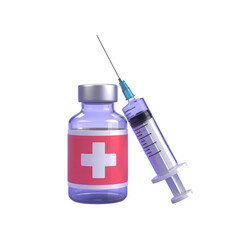 Medical syringe and vial with red cross symbol isolated on transparent background