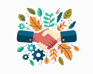 Illustration of a handshake, representing agreement and collaboration, surrounded by leaves and gears to signify innovation and nature working together, a deal that brings success.