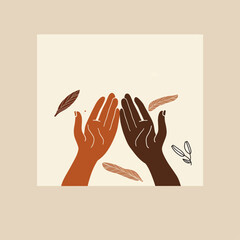 Diverse hands reach up amidst falling feathers in this illustration that evokes themes of reaching, harmony, unity, support, and dreams with boho illustration style.