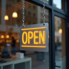 Realistic image of an "Open" sign on glass cafe doors, indicating a shop or small business is open. Ideal for retail or business themes
