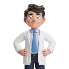 Friendly cartoon doctor character wearing a white lab coat and blue tie isolated on transparent background