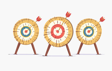 Archery targets with arrows hitting the center. Cartoon illustration of archery, success, and accuracy. A fun, vibrant illustration on a white background.