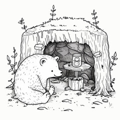 Adorable bear sitting near a tree stump house, a cozy dwelling in nature, complete with a table, jar, and whimsical charm, inviting a sense of playful story, and woodland delight.