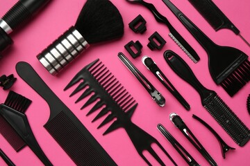 Different hairdresser's tools on pink background, flat lay