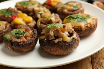 Tasty stuffed mushrooms on wooden table, closeup