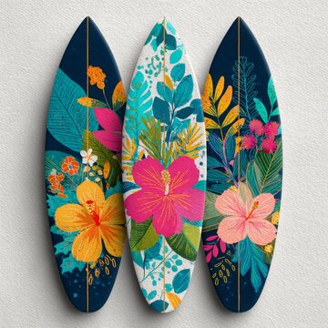 Fototapeta Vibrant Tropical Surfboards: A Stunning Trio Adorned with Lush Hibiscus Blooms and Exotic Foliage, Capturing the Essence of Summer Beach Life and Coastal Art