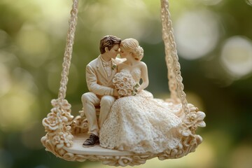 A romantic figurine of a bride and groom sharing a tender kiss on a swing, symbolizing everlasting love.