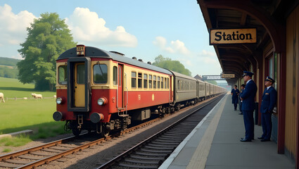 A vintage diesel passenger train, with rusty red and cream-colored carriages