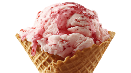 Scoop of pink strawberry ice cream with strawberry syrup in a waffle cone, isolated on white background. Sweet, creamy, and perfect for summer or dessert-themed visuals.