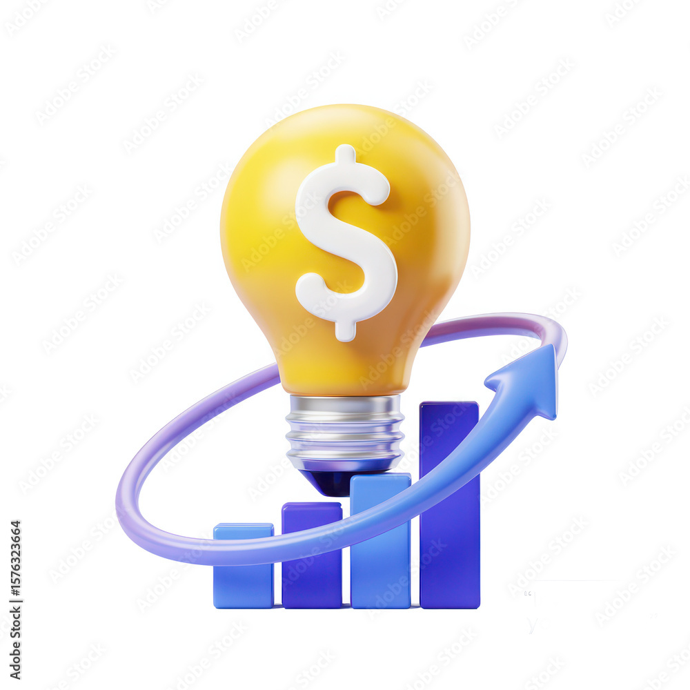 Poster bright idea with dollar sign on a light bulb atop a growing bar chart and upward arrow isolated on t