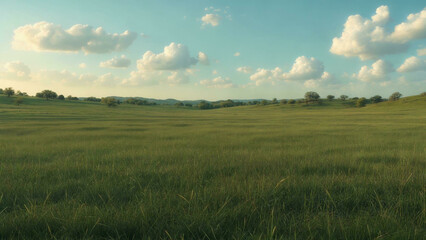 Endless Green Grass Landscape under Blue Sky

