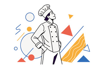 Culinary Visionary: A poised chef envisions future endeavors amidst a clean and modern environment, full of dynamic and colorful abstract elements.