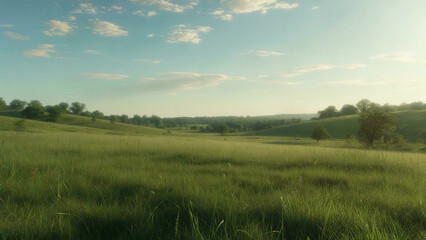 Fototapeta premium Endless Green Grass Landscape under Blue Sky