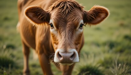 Brown cow looking directly at the camera, standing on a grassy field