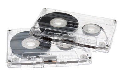 Audio cassettes with magnetic tapes isolated on white