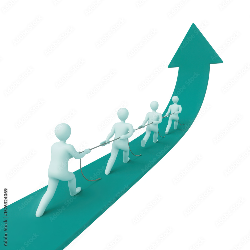 Poster teamwork drives progress forward on a teal upward trending arrow with stylized figures pulling a rop