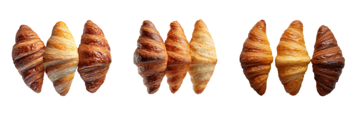 Top view of three croissants set with different shades and crisp edges on a transparent background