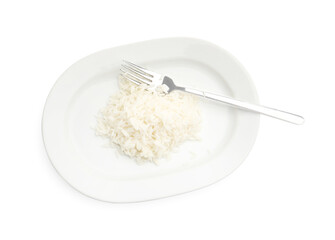 Plate with cooked rice and fork isolated on white, top view