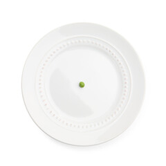 Plate with fresh green pea isolated on white, top view