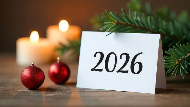 2026, handwritten bold cursive script adorns crisp white card warm inviting winter backdrop soft candlelight lush