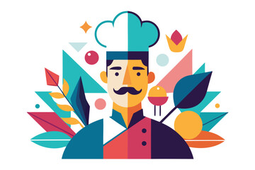 Culinary Artist Illustration: A professional chef with a striking hat and elegant mustache is showcased in a dynamic illustration, perfect for culinary branding and food-related design projects.