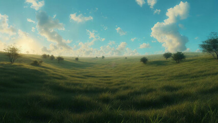 Obraz premium Endless Green Grass Landscape under Blue Sky