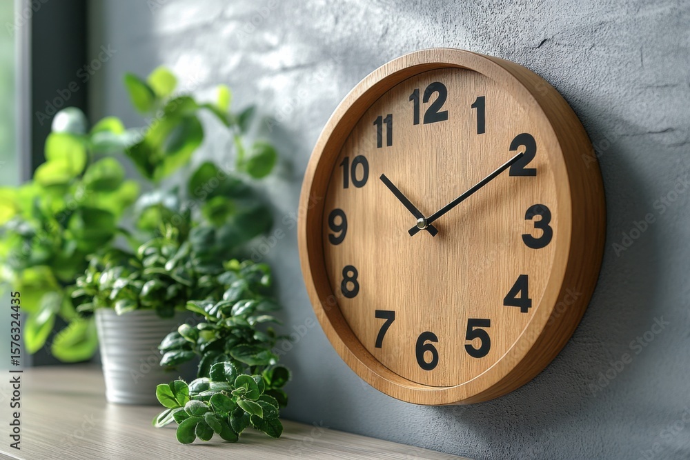 Poster a wooden clock with black numbers and hands showing the time of 10:30