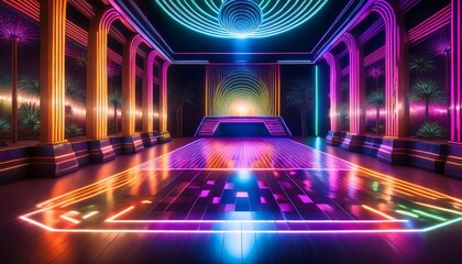 a retro style disco dance floor illuminated by bright colorful neon lights creates a lively and energetic atmosphere perfect for dancing and enjoying the night